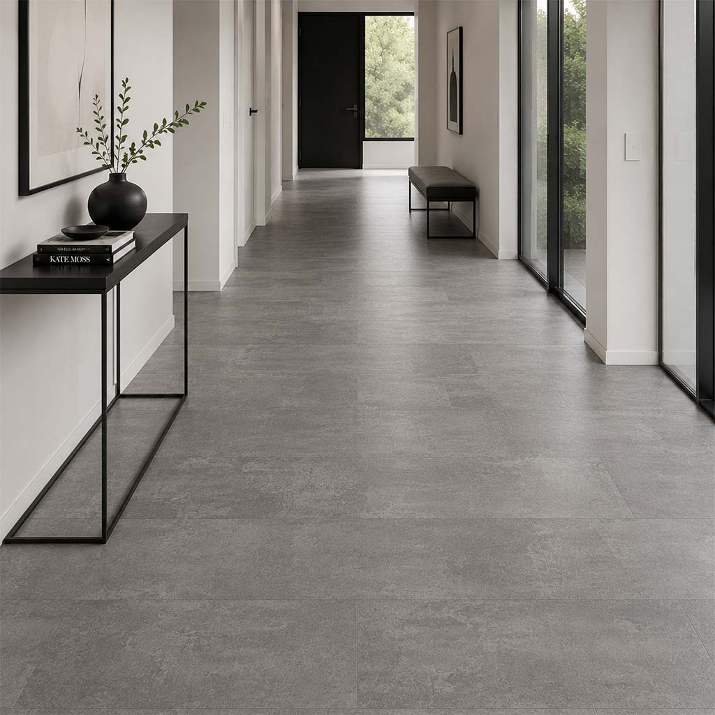 Klick Vinyl Beton Elara mit Trittschalldämmung im modernen Flur