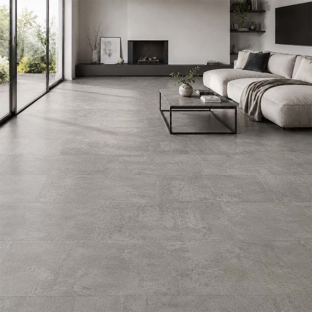 Klick Vinyl Beton Elara mit Trittschalldämmung im modernen Wohnzimmer