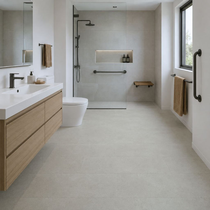 Klick Vinyl Betonoptik Stone Sand in einem hellen, barrierefreien Badezimmer