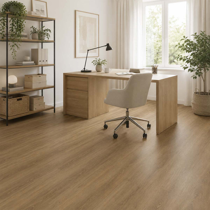 Klick Vinyl Bodencouture SolidCore Santini mit Trittschall in einem hellen Arbeitszimmer