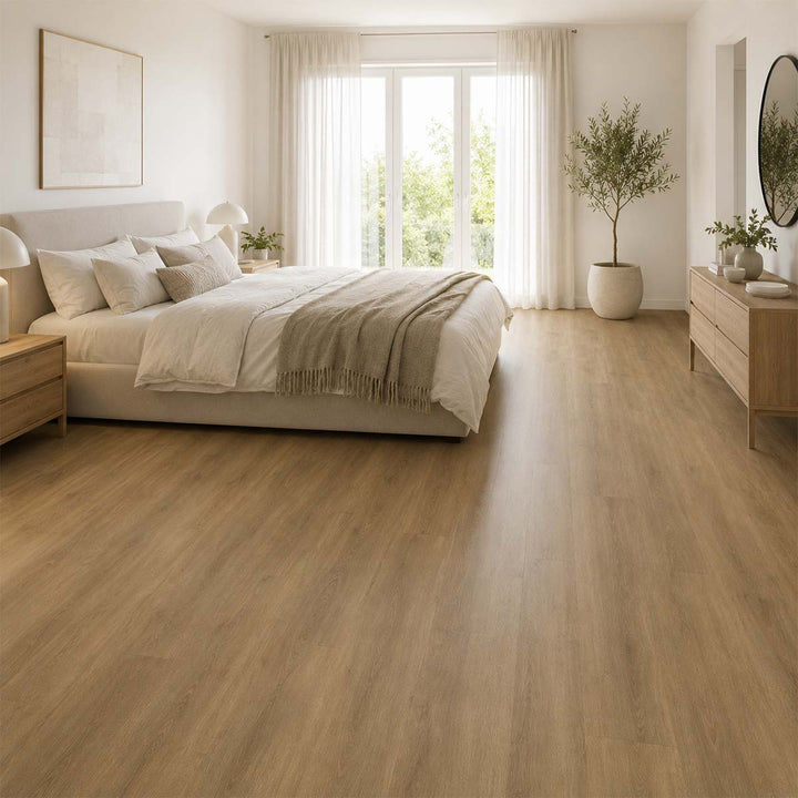 Klick Vinyl Bodencouture SolidCore Santini mit Trittschall in einem hellen Schlafzimmer