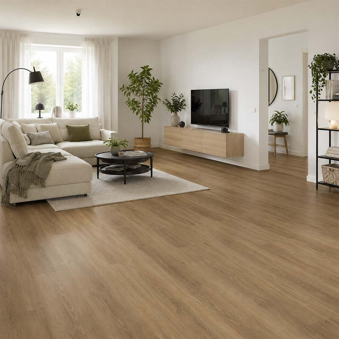 Klick Vinyl Bodencouture SolidCore Santini mit Trittschall in einem hellen Wohnzimmer