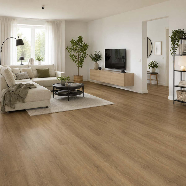 Klick Vinyl Bodencouture SolidCore Santini mit Trittschall in einem hellen Wohnzimmer