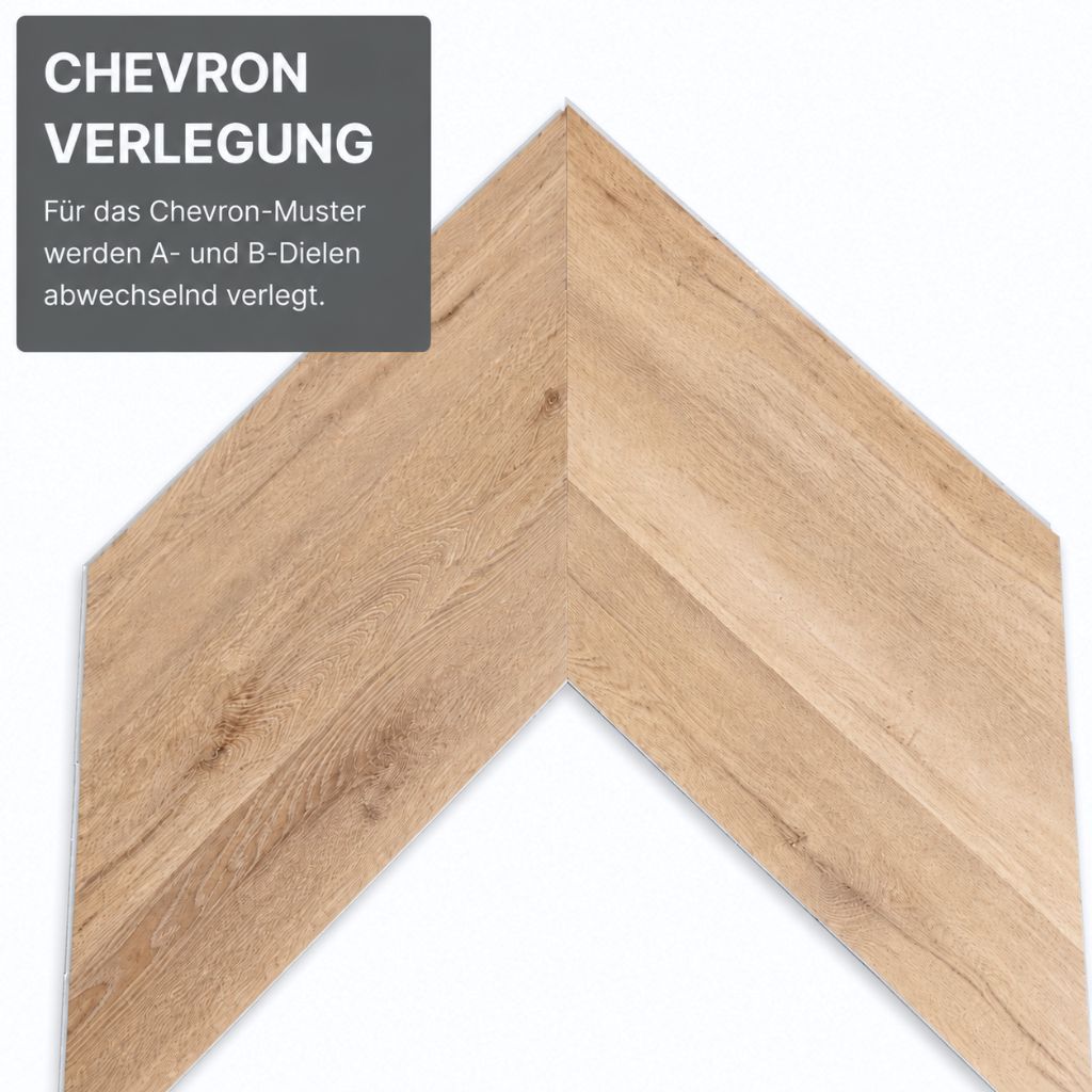 Chevron-Verlegung von Klick Vinyl Amber: A- und B-Dielen werden abwechselnd verlegt – Reud Bodenarena 