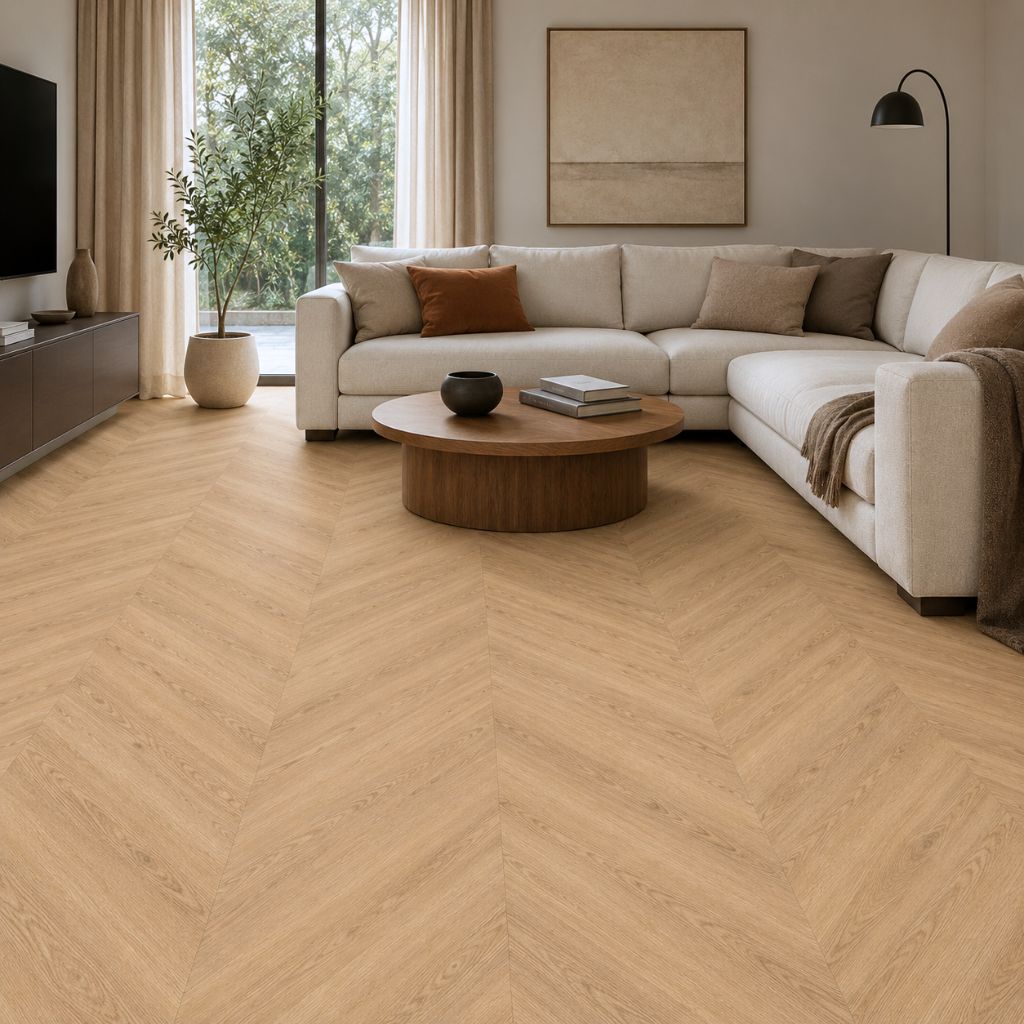 Klick Vinyl Chevron Eiche Amber im Wohnzimmer verlegt, elegantes Chevron-Muster in warmer Eichenoptik – Reud Bodenarena