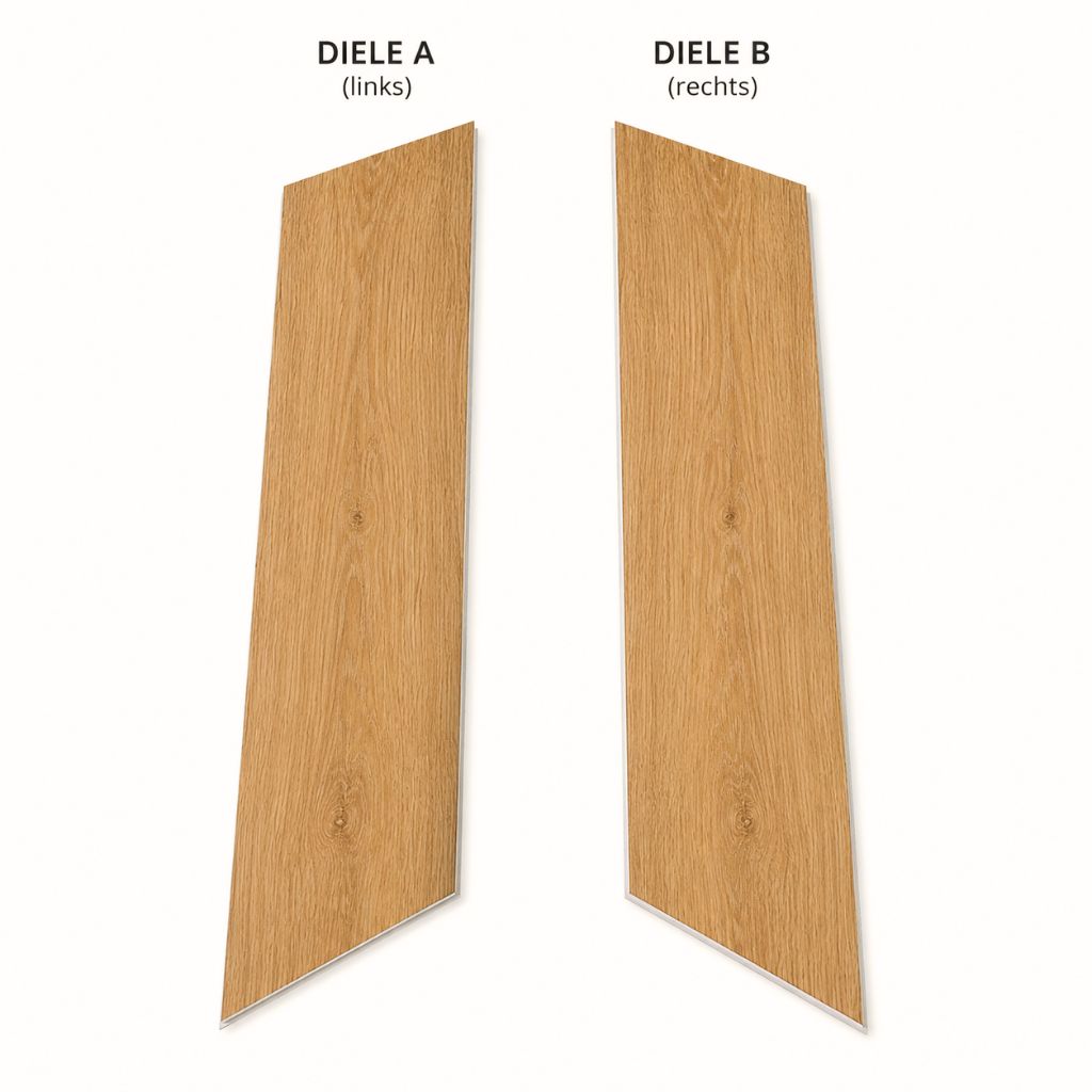 Klick Vinyl Chevron Eiche Maroni: Diele A und B im Vergleich, spiegelbildlich für exaktes Chevron-Muster – Reud Bodenarena 