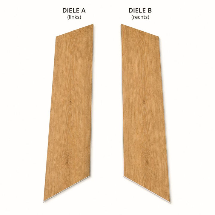 Klick Vinyl Chevron Eiche Maroni: Diele A und B im Vergleich, spiegelbildlich für exaktes Chevron-Muster – Reud Bodenarena 