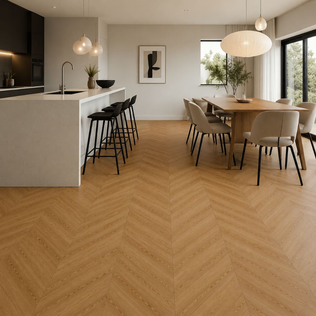 Klick Vinyl Chevron Eiche Maroni in Küche und Esszimmer, feuchtraumgeeignet im Chevron-Muster – Reud Bodenarena