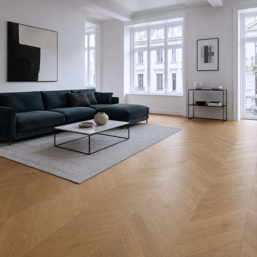 Modernes Wohnzimmer mit Klick Vinylboden Eiche Maroni in warmer Chevron-Optik und dunkelblauem Sofa – Reud Bodenarena