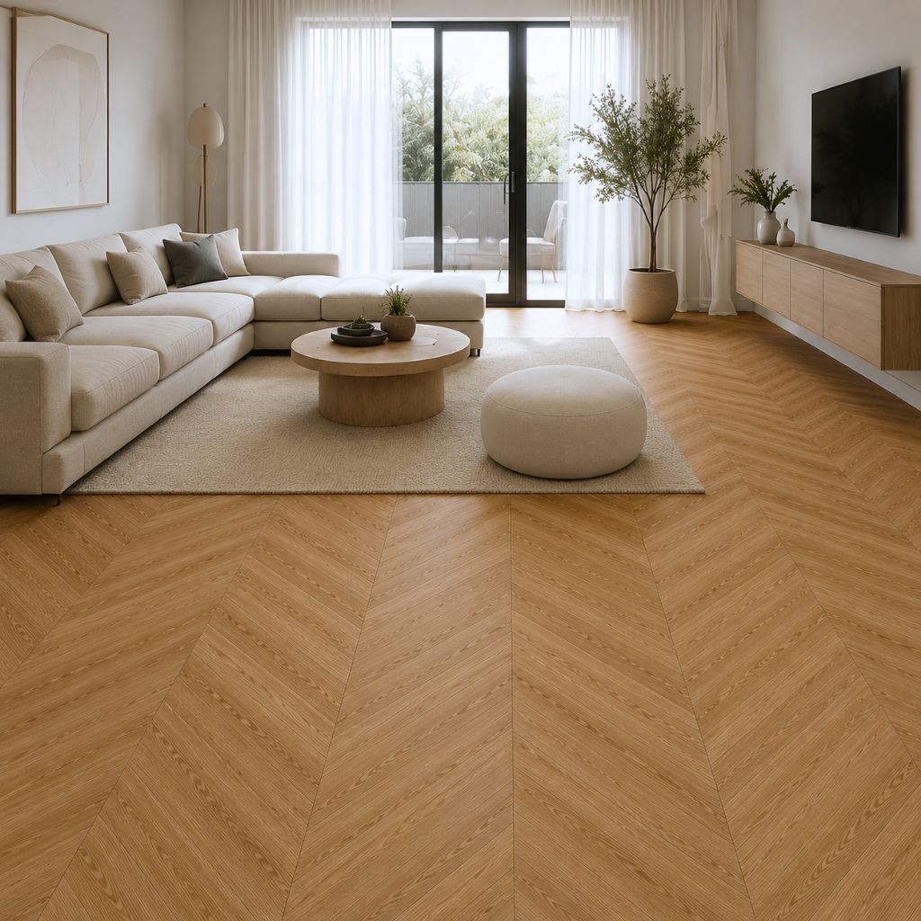 Klick Vinyl Chevron Eiche Maroni im Wohnzimmer verlegt, elegante dunkle Eichenoptik im Chevron-Muster – Reud Bodenarena