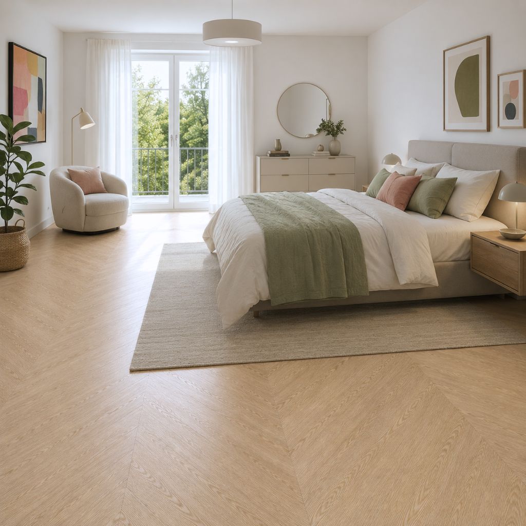 Klick Vinyl Chevron Eiche Sahara im Schlafzimmer, warme sandige Holzoptik für gemütliche Atmosphäre – Reud Bodenarena