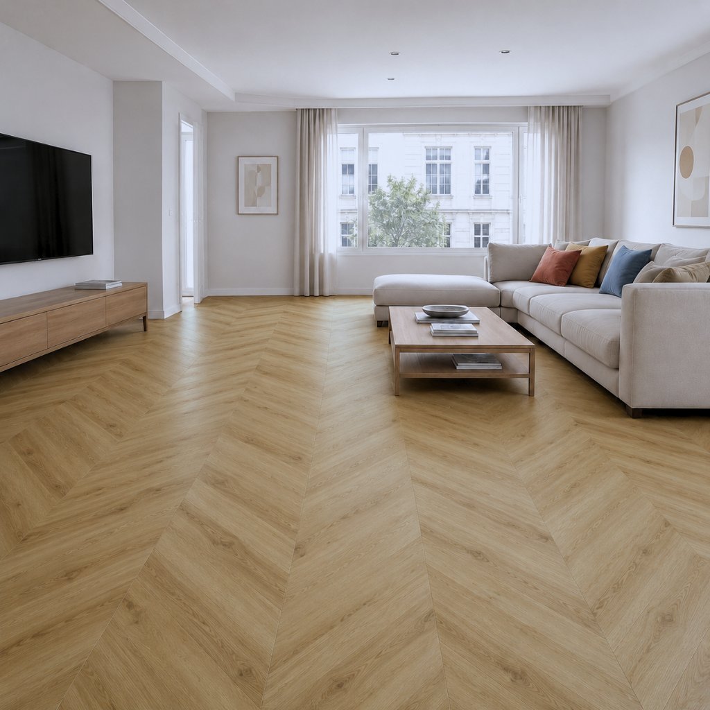 Wohnzimmer mit Klick Vinylboden Eiche Sahara in heller Chevron-Optik und moderner Einrichtung – Reud Bodenarena