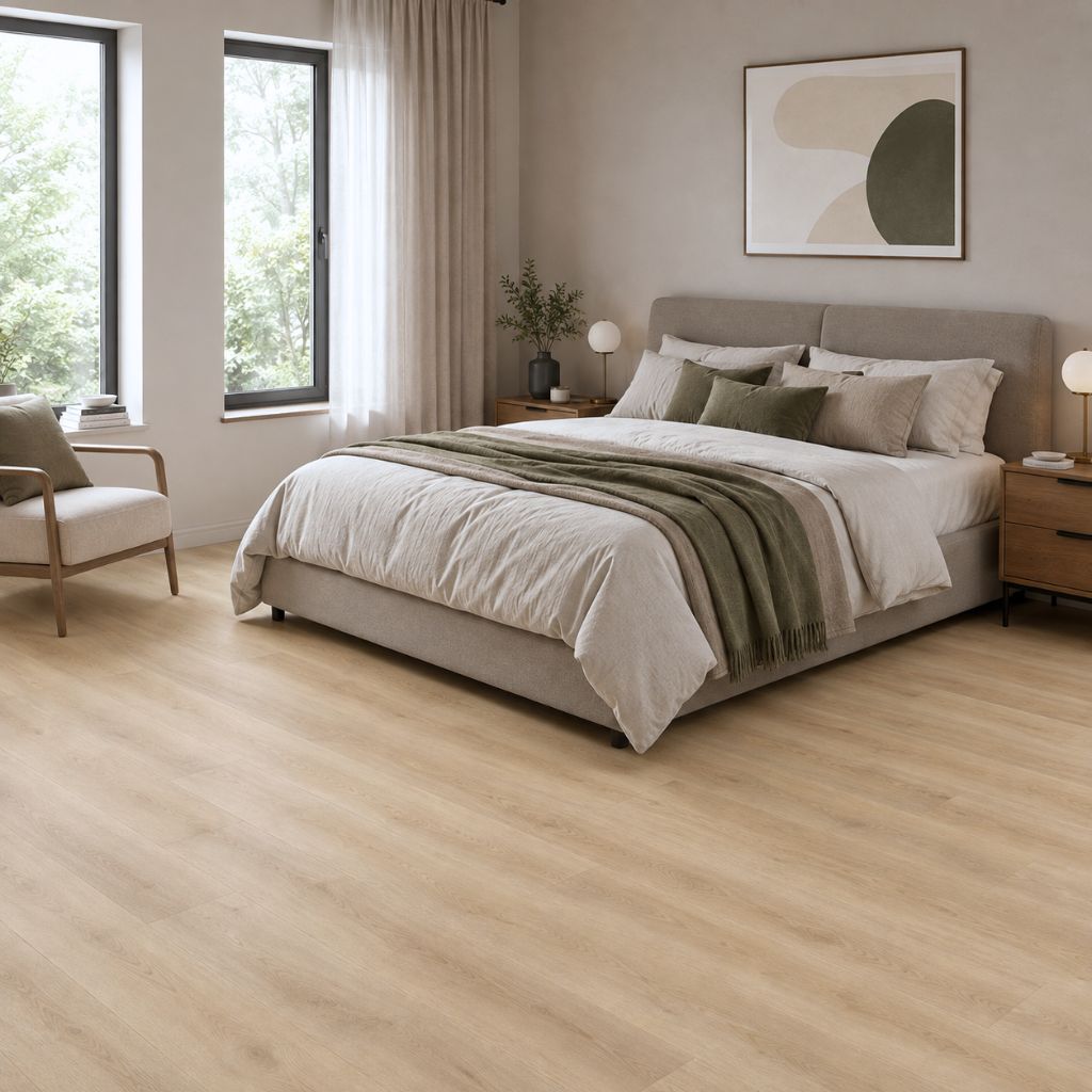 Klick Vinylboden Eiche Alva im hellen Schlafzimmer mit Boxspringbett und warmen Naturtönen – Reud Bodenarena