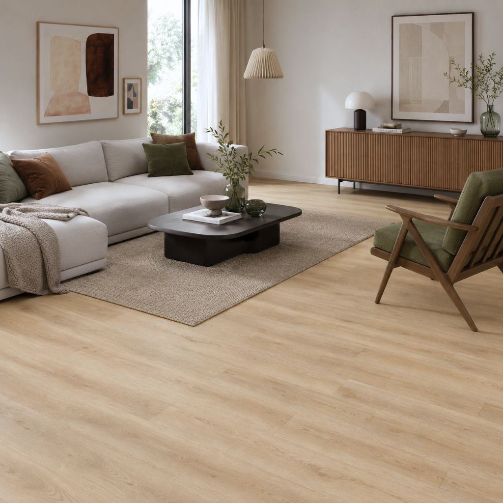 Klick Vinylboden Eiche Alva im offenen Wohnzimmer mit Sideboard, Sessel und Sofa – Reud Bodenarena
