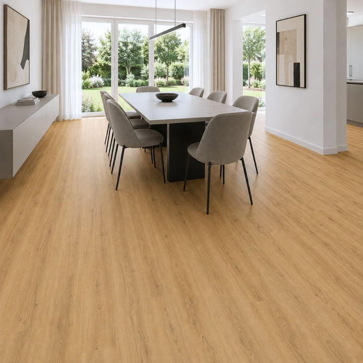 Klick Vinyl Eiche Daisy Landhausdiele im Esszimmer – Reud Bodenarena