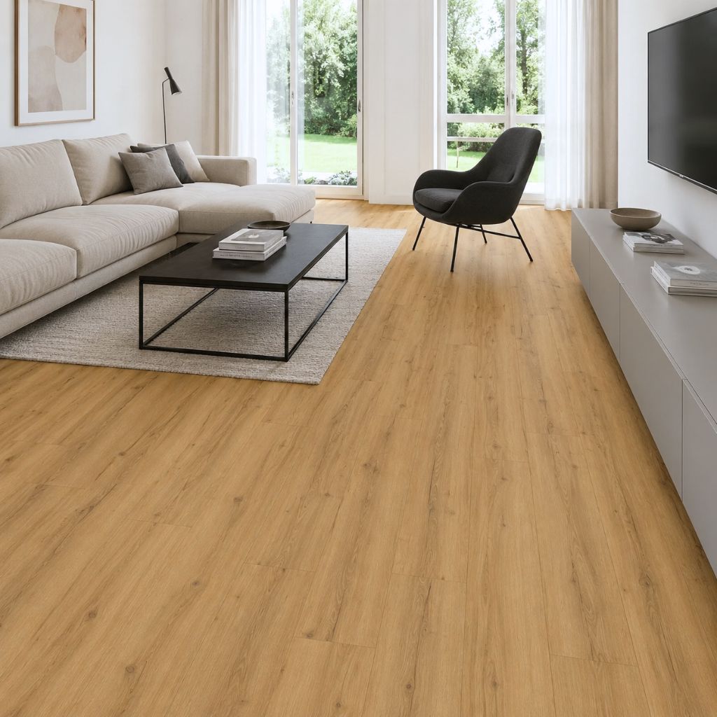 Klick Vinyl Eiche Daisy Landhausdiele im Wohnzimmer – Reud Bodenarena