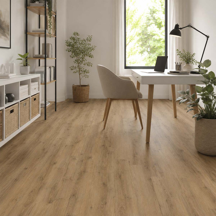 Klick Vinyl Eiche Kangri Naturbraun mit Trittschalldämmung in einem hellen Arbeitszimmer