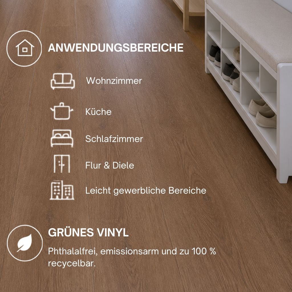 Übersicht der Anwendungsbereiche und Vorteile des Klick Vinylbodens Eiche Madrid – Reud Bodenarena