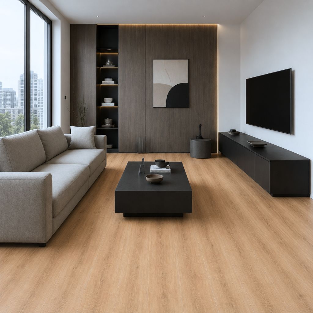 Gemütliches Wohnzimmer mit Eiche-Klickvinyl, grauem Sofa und dunkler Holzverkleidung – Reud Bodenarena