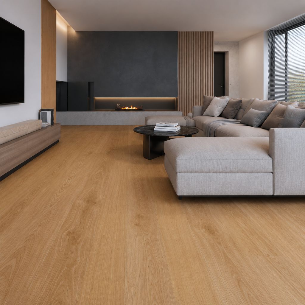 Klick Vinyl Eiche Savanna im Schlafzimmer verlegt, warme Eichenoptik für ein gemütliches Ambiente – Reud Bodenarena