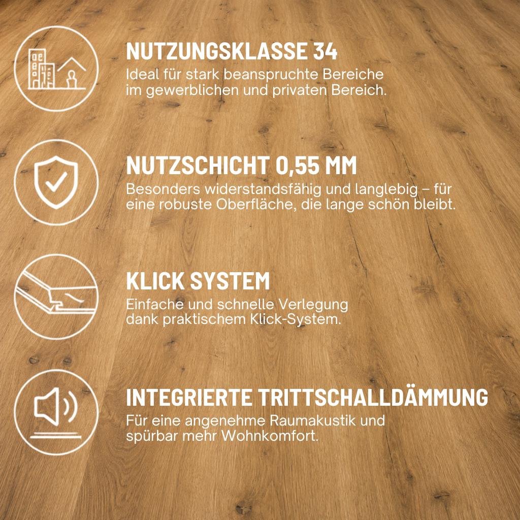 Produktvorteile Klick Vinylboden Eiche Tundra: Nutzschicht, Klick-System, Trittschalldämmung – Reud Bodenarena.