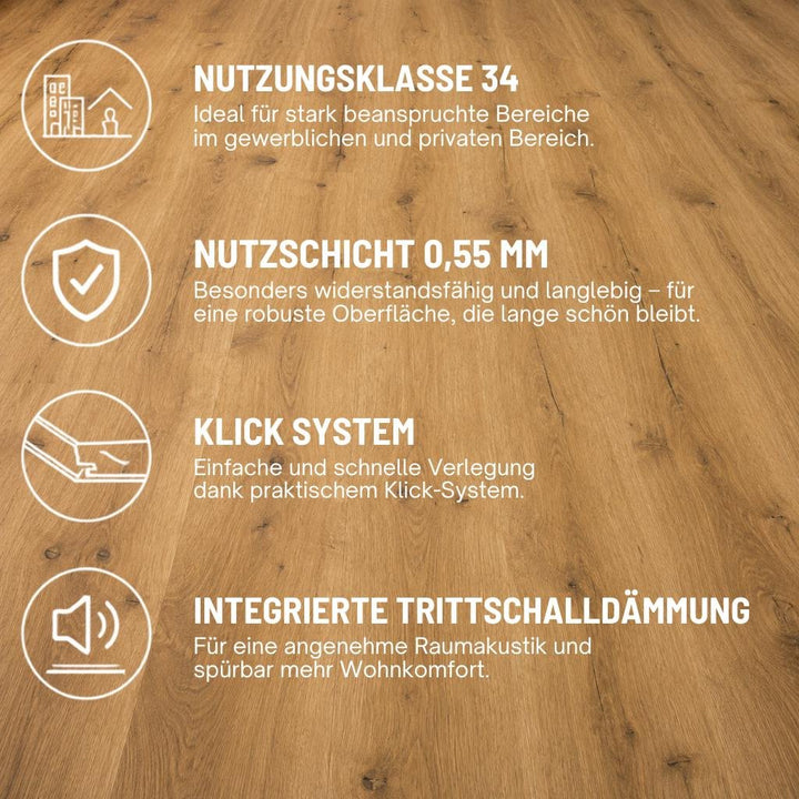 Produktvorteile Klick Vinylboden Eiche Tundra: Nutzschicht, Klick-System, Trittschalldämmung – Reud Bodenarena.