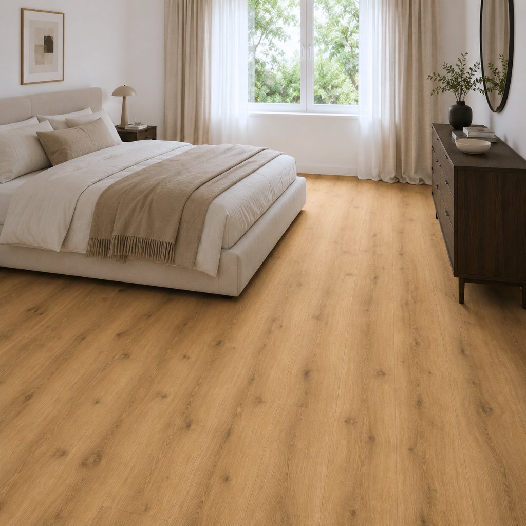 schlafzimmer.jpgKlick Vinylboden Eiche Tundra im Schlafzimmer sorgt für warme Atmosphäre und Wohnkomfort – Reud Bodenarena.