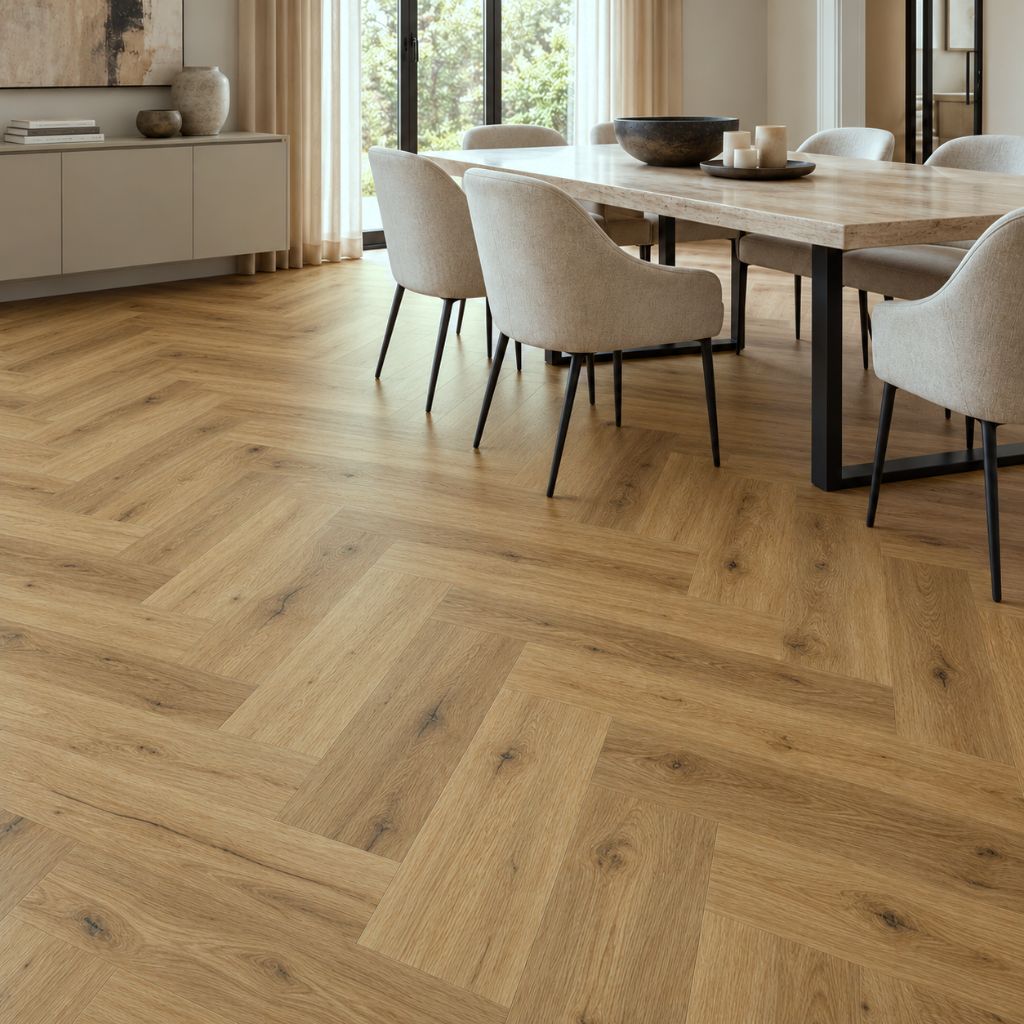 Esszimmer mit Repac Klick Vinyl Fischgrät Fresh Oak Authentic in warmer Eichenoptik von Reud Bodenarena