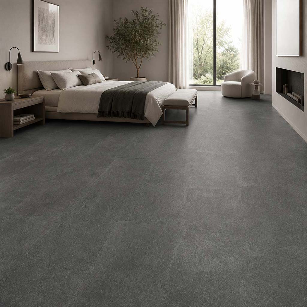 Klick Vinyl Fliese Beton Basalt mit Trittschalldämmung im stilvollen Schlafzimmer