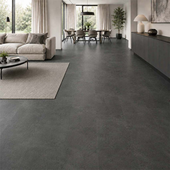 Klick Vinyl Fliese Beton Basalt mit Trittschalldämmung im modernen Arbeitszimmer