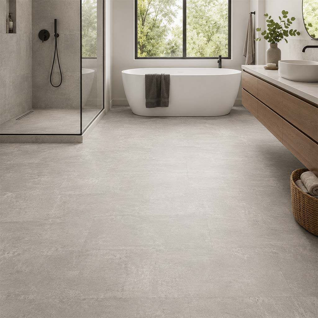 Klick Vinyl Fliese Beton Titan mit Trittschalldämmung im modernen Badezimmer