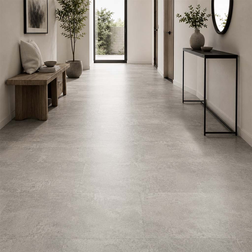 Klick Vinyl Fliese Beton Titan mit Trittschalldämmung im modernen Flur