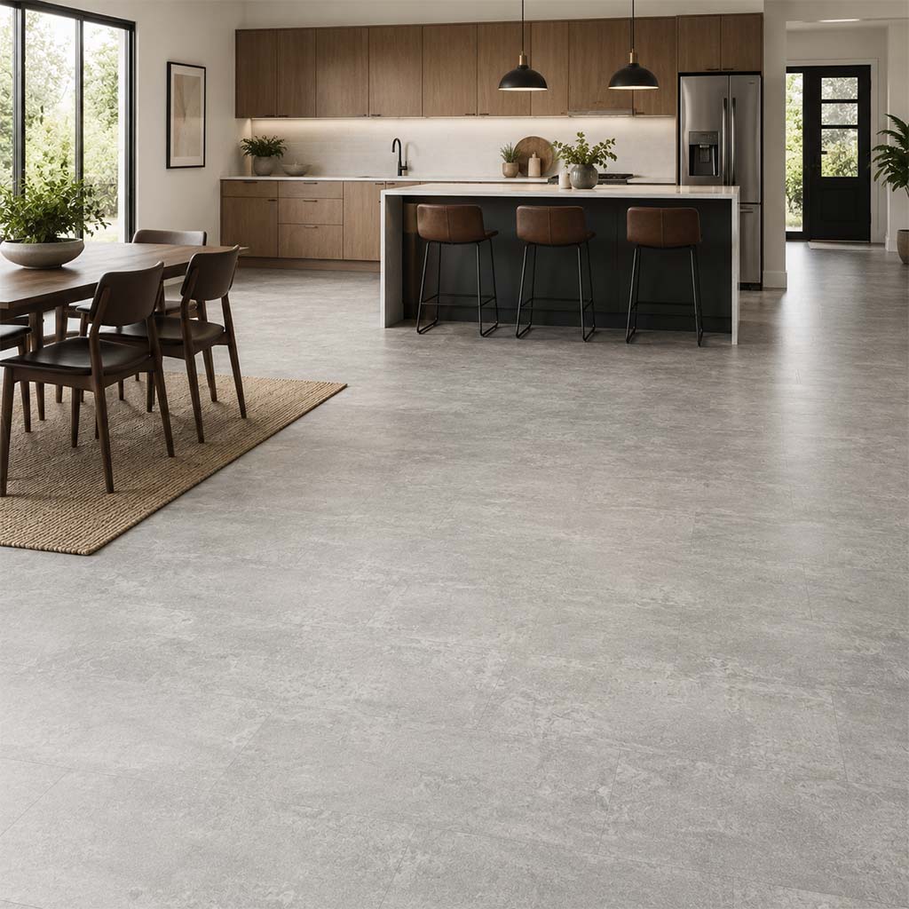 Klick Vinyl Fliese Beton Titan mit Trittschalldämmung in Küche und Essbereich