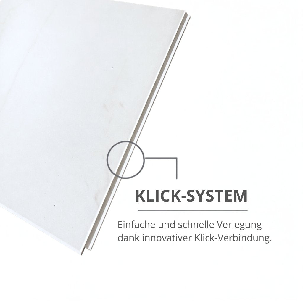 Nahaufnahme der Klick-Verbindung des Marmoroptik-Vinylbodens für einfache, schnelle Verlegung – Reud Bodenarena