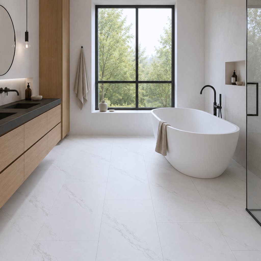 Weißer Marmoroptik-Vinylboden im modernen Bad mit freistehender Wanne und Holz-Waschtisch – Reud Bodenarena