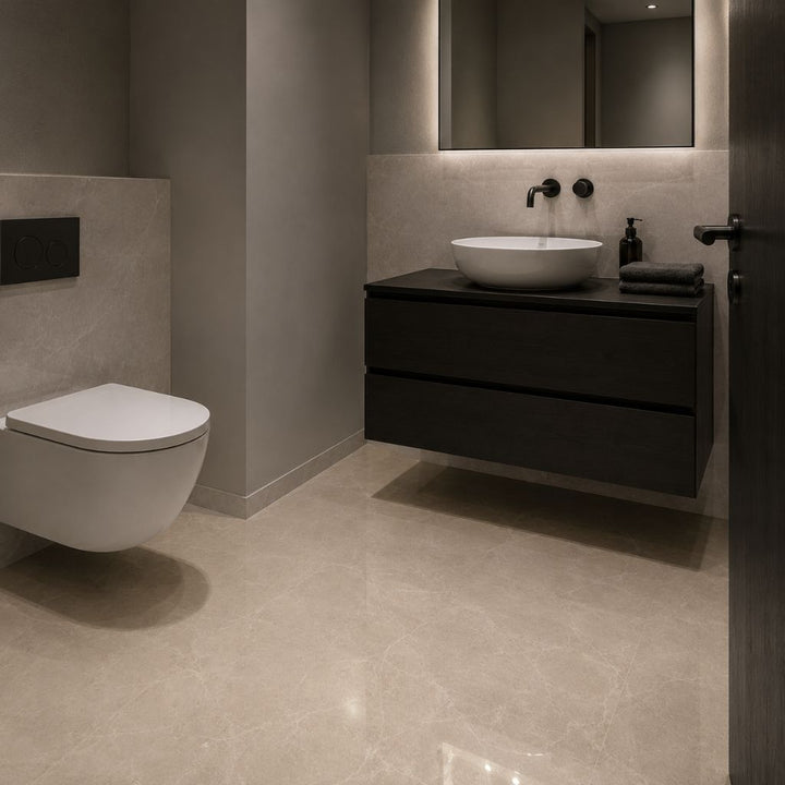 Elegantes Badezimmer mit wasserfestem Hochglanz Vinylboden in Marmoroptik und dunklem Waschtisch