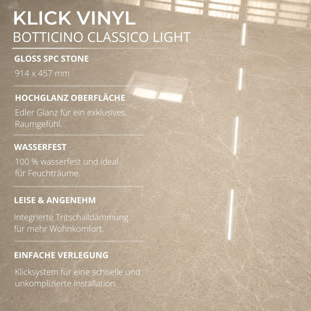 Übersicht der Vorteile: Klick Vinylboden Botticino Classico Light – Hochglanz, wasserfest, leise, einfach verlegt