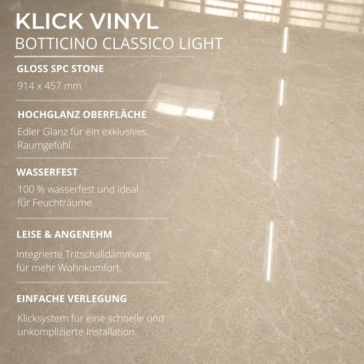 Übersicht der Vorteile: Klick Vinylboden Botticino Classico Light – Hochglanz, wasserfest, leise, einfach verlegt