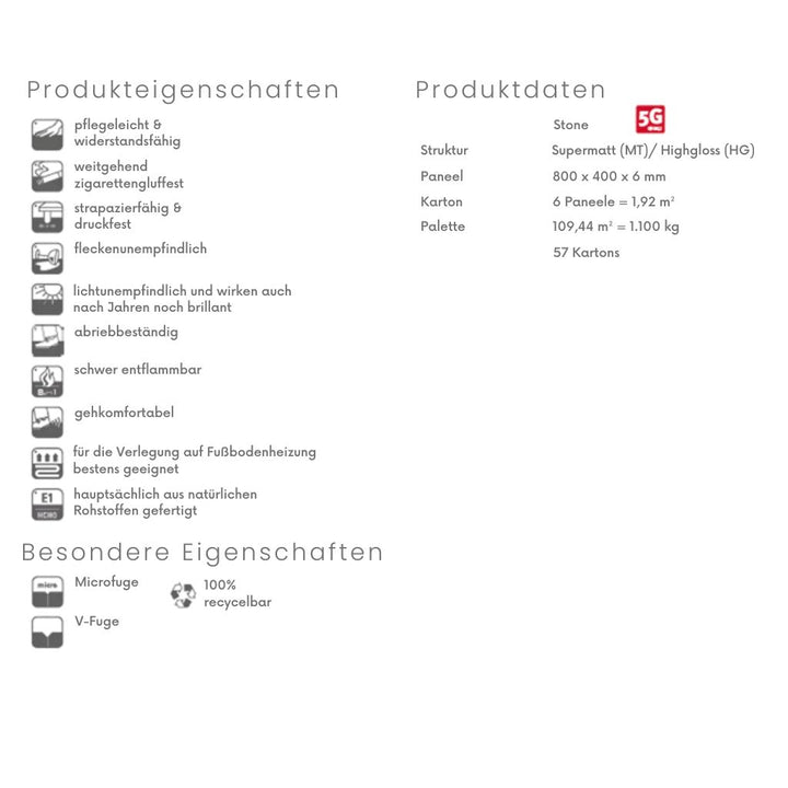 Produkteigenschaften Falquon Marmorata Chiara: Paneel 800 × 400 × 6 mm, Microfuge, Fußbodenheizung bei Reud Bodenarena