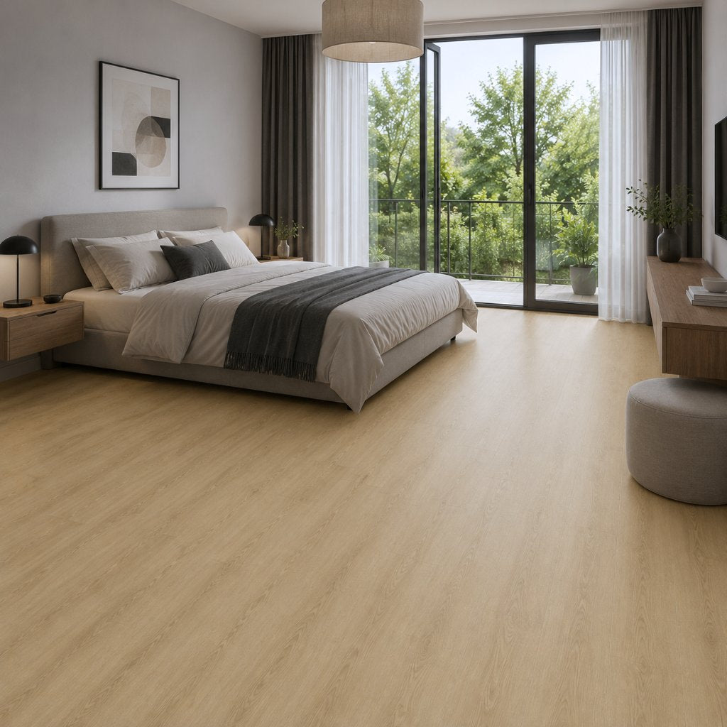 Ruhiges Schlafzimmer mit Eiche-Vinylboden, Doppelbett, Balkontür mit Naturausblick – von Reud Bodenarena

