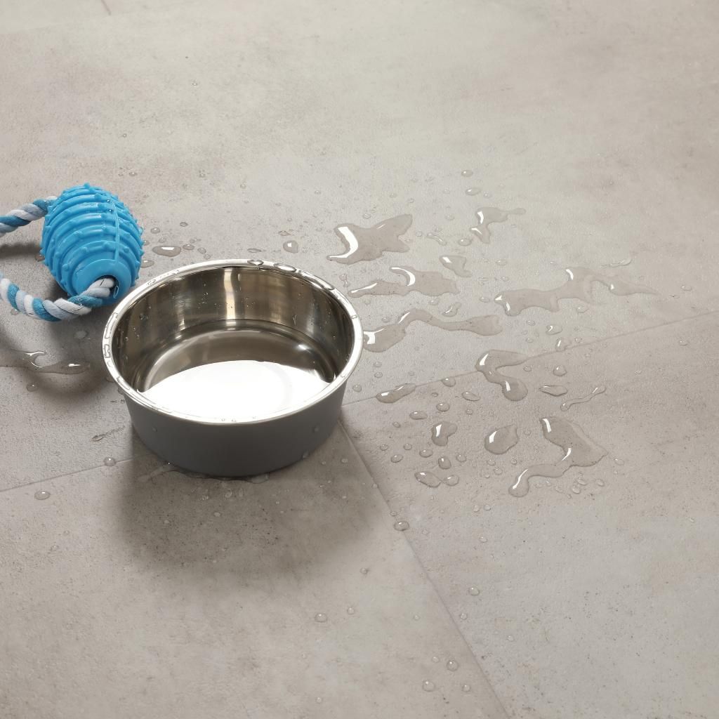 Wasserfester Klick Vinylboden Titan in Betonoptik mit Wassertropfen und Napf, ideal für Haustiere, von Reud Bodenarena