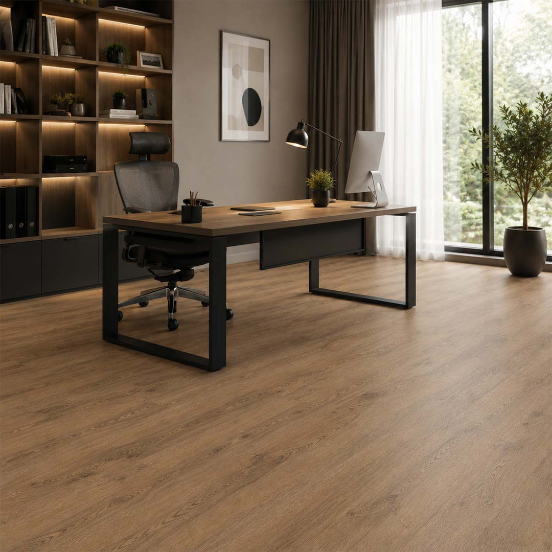 Klick Vinyl X-Cellent Eiche Lindera mit Trittschalldämmung in einem modernen Arbeitszimmer