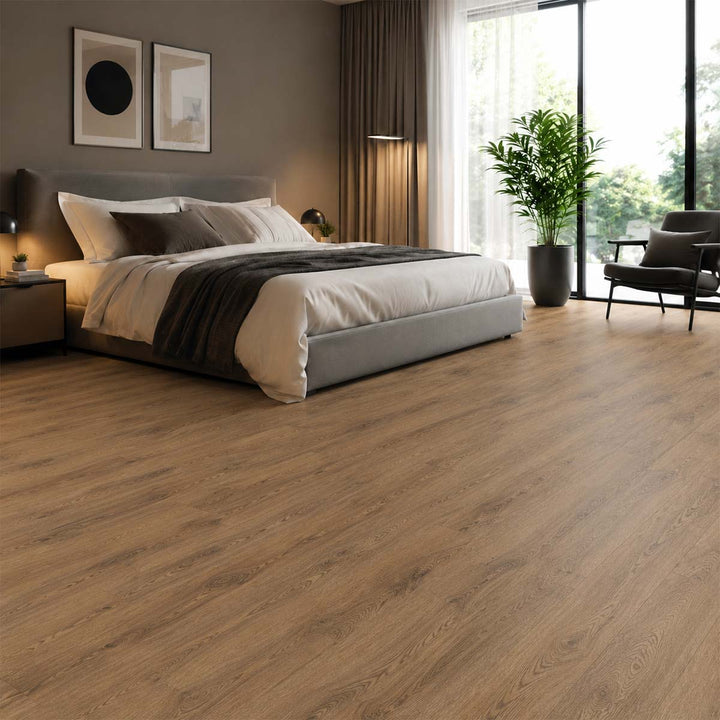 Klick Vinyl X-Cellent Eiche Lindera mit Trittschalldämmung in einem hellen modernen Schlafzimmer