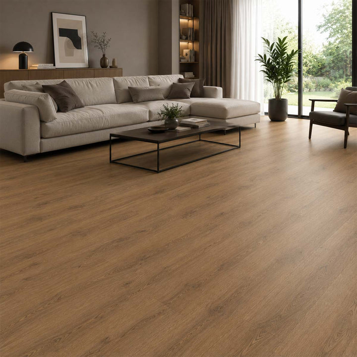 Klick Vinyl X-Cellent Eiche Lindera mit Trittschalldämmung in einem modernen hellen Wohnzimmer