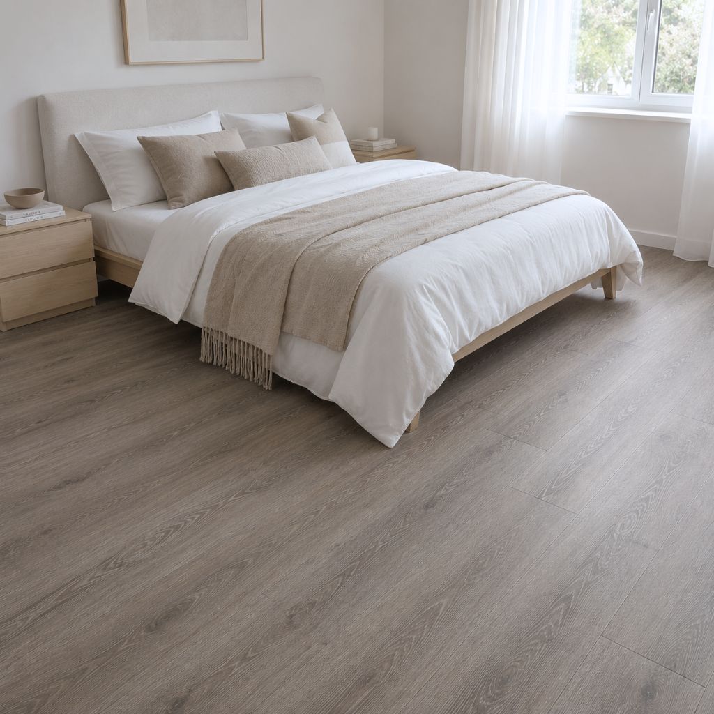 Helles Schlafzimmer mit Klick Vinylboden Bangkok Eiche grau in authentischer Landhausdielen-Optik – Reud Bodenarena