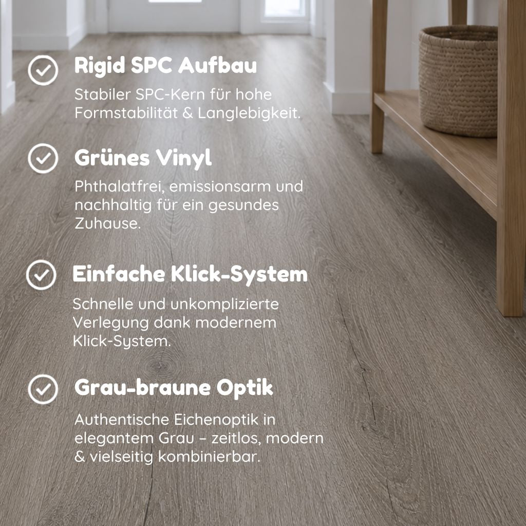 Vorteile des Klick Vinylboden Bangkok Eiche grau: SPC-Kern, wohngesund, Klicksystem, graubraune Optik – Reud Bodenarena