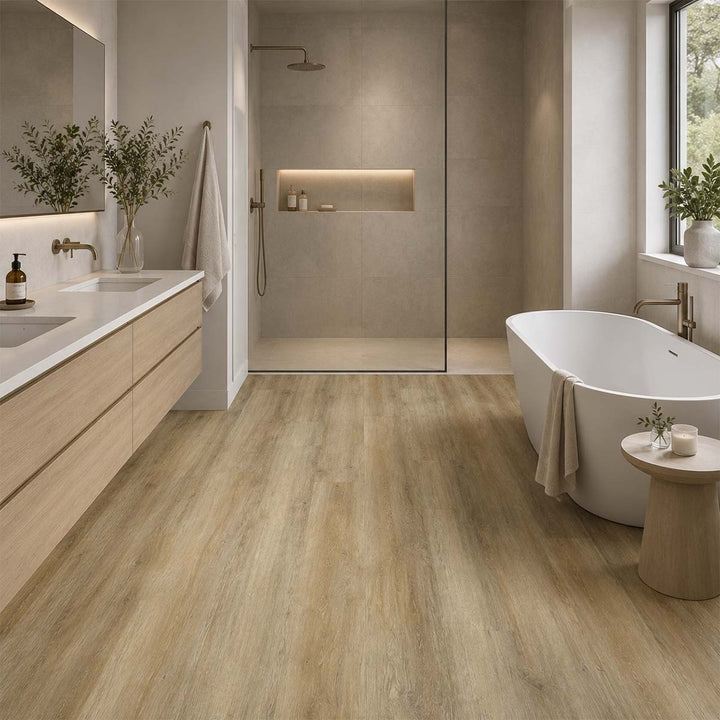 Klick Vinylboden Eiche Nature Rustikal XXL GreenLine in einem modernen Badezimmer