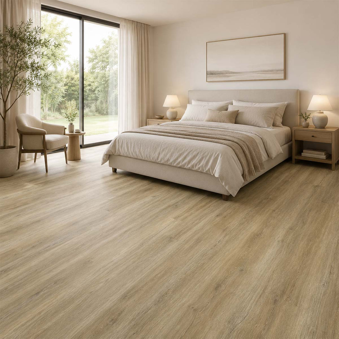Klick Vinylboden Eiche Nature Rustikal XXL GreenLine in einem hellen Schlafzimmer