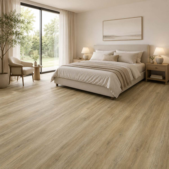 Klick Vinylboden Eiche Nature Rustikal XXL GreenLine in einem hellen Schlafzimmer