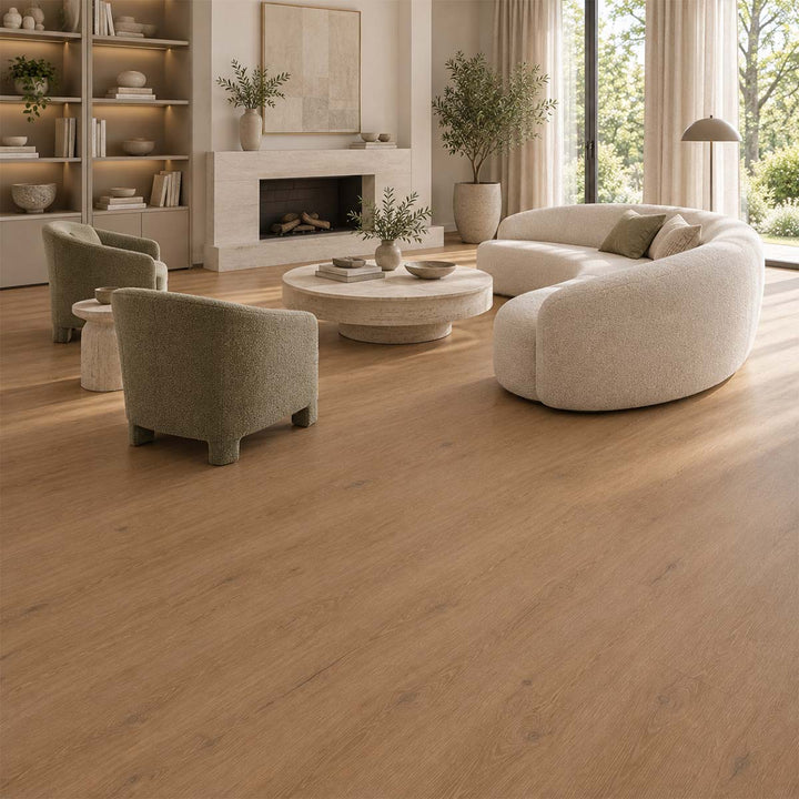 Klick Vinylboden Eiche Sina mit Trittschalldämmung in einem eleganten Wohnzimmer mit heller Sitzgruppe